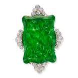 A NATURAL JADEITE JADE AND DIAMOND BROOCH set with a jadeite jade plaque carved to depict a bird ...