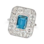 AN AQUAMARINE AND DIAMOND DRESS RING set with an octagonal step cut aquamarine of approximately 1...