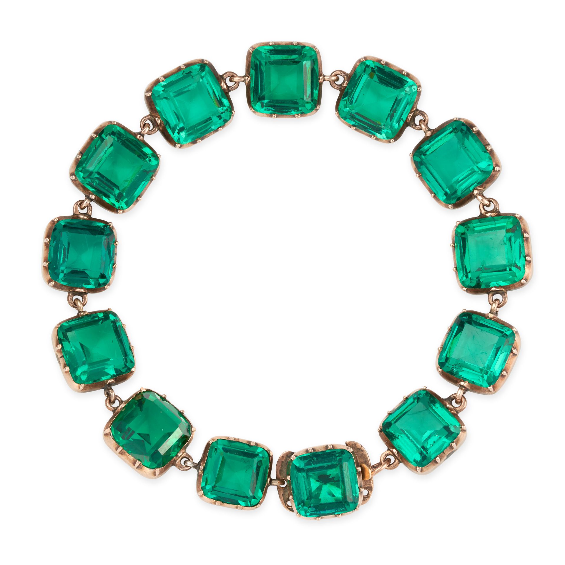 AN ANTIQUE GREEN PASTE BRACELET, 19TH CENTURY in yellow gold, comprising a row of octagonal shape...