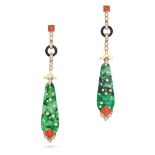 A PAIR OF JADEITE JADE, CORAL, ONYX AND DIAMOND DROP EARRINGS each set with a polished coral susp...