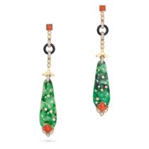 A PAIR OF JADEITE JADE, CORAL, ONYX AND DIAMOND DROP EARRINGS each set with a polished coral susp...