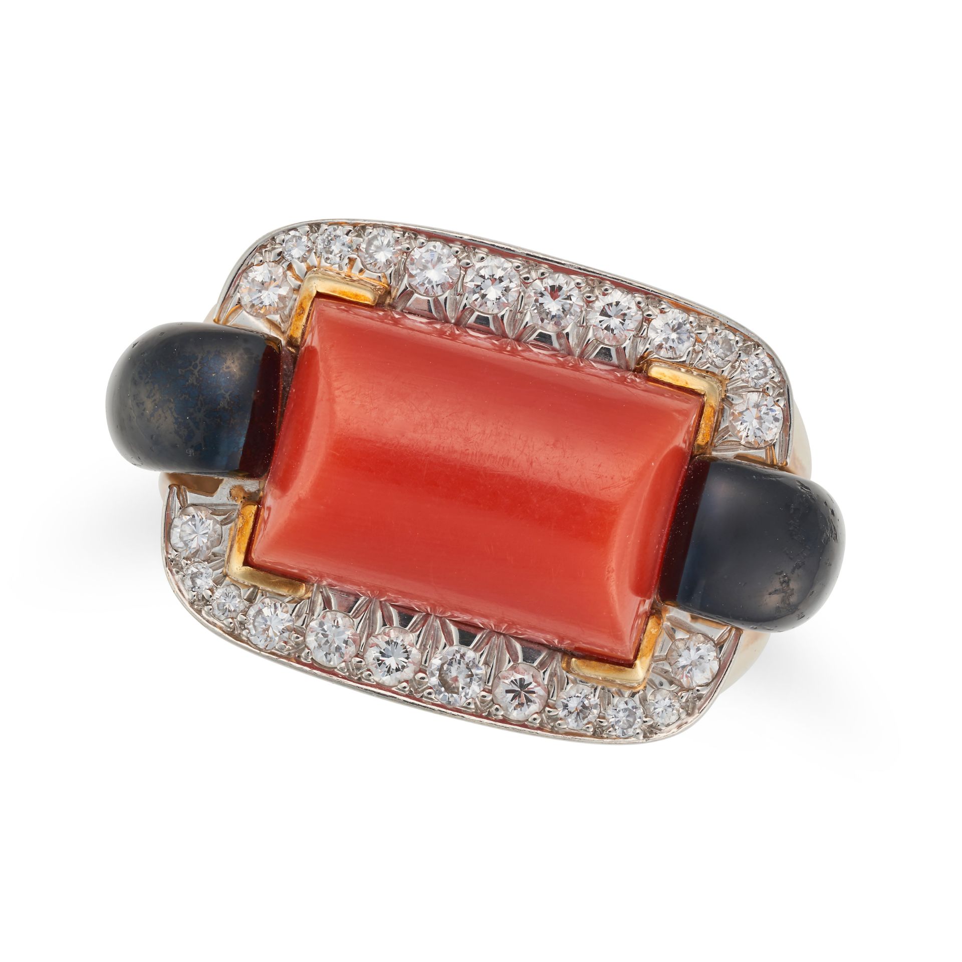 DAVID WEBB, A CORAL, DIAMOND AND ONYX RING set with a polished coral accented by polished onyx an... - Image 2 of 3