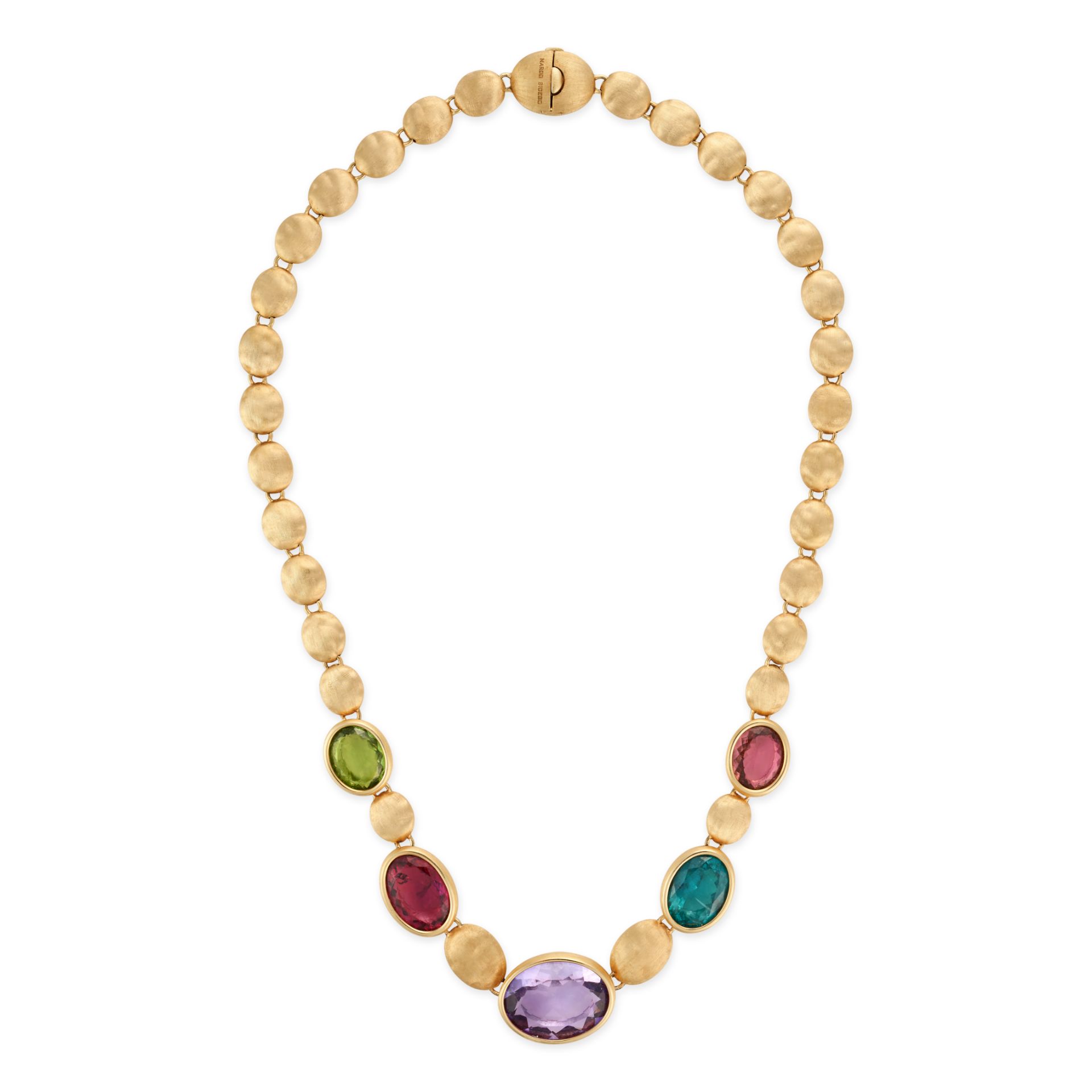 MARCO BICEGO, A MULTIGEM SIVIGLIA NECKLACE comprising a row of brushed links accented by oval cut...