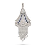 A DIAMOND AND SAPPHIRE PENDANT the articulated pendant set throughout with old European, single a...