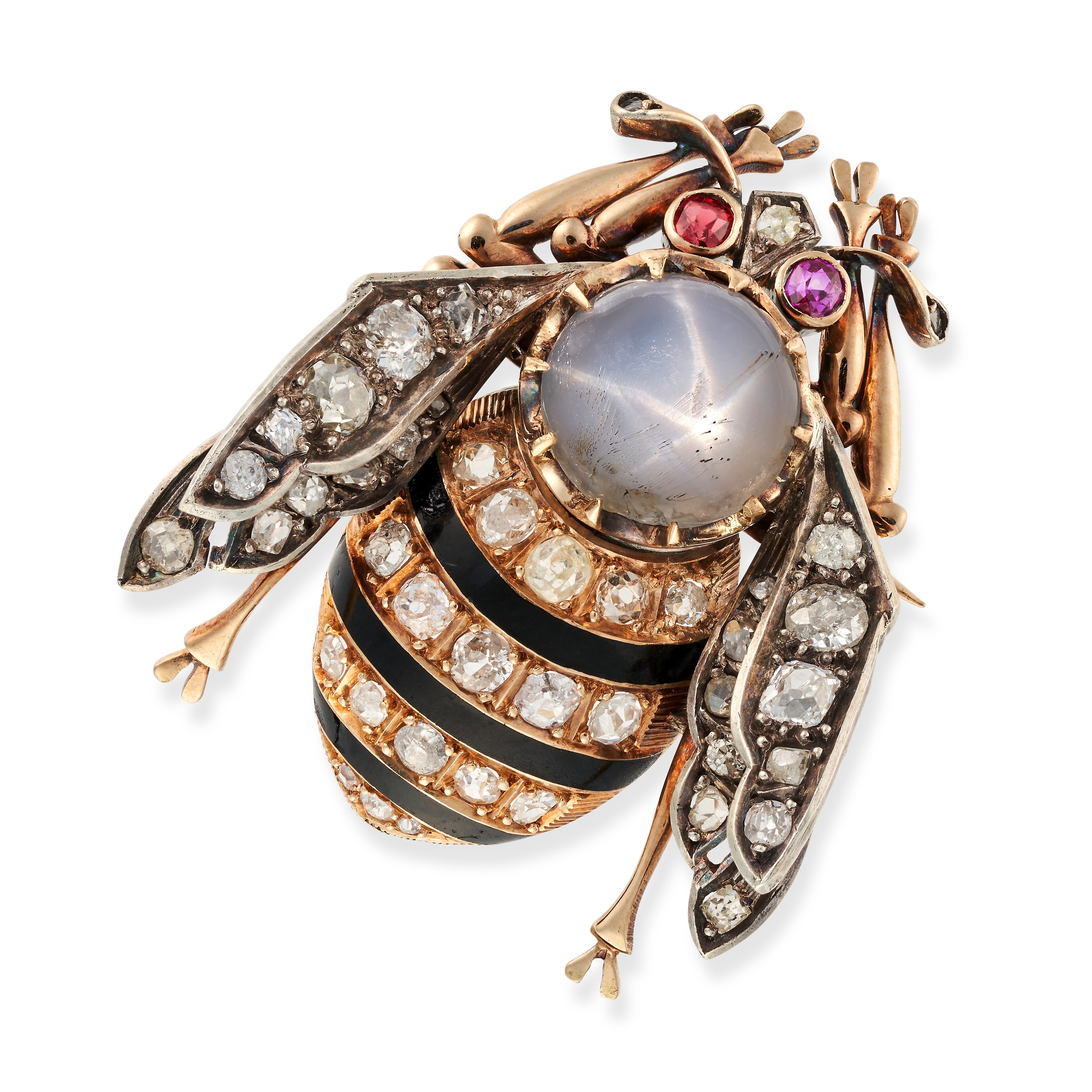 AN ANTIQUE STAR SAPPHIRE, DIAMOND, RUBY AND ENAMEL BEE BROOCH in yellow gold and silver, designed...