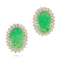 A PAIR OF JADEITE JADE AND DIAMOND CLUSTER EARRINGS each set with an oval cabochon jadeite jade i...