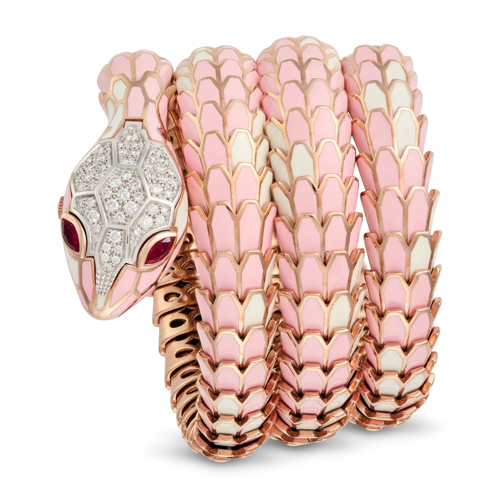 ALEXIS NY, A DIAMOND, RUBY AND ENAMEL SNAKE BRACELET the snake comprising a row of articulated li... - Image 2 of 4