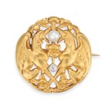 A FRENCH ART NOUVEAU DIAMOND AND PEARL GRIFFIN BROOCH in 18ct yellow gold, the circular openwork ...