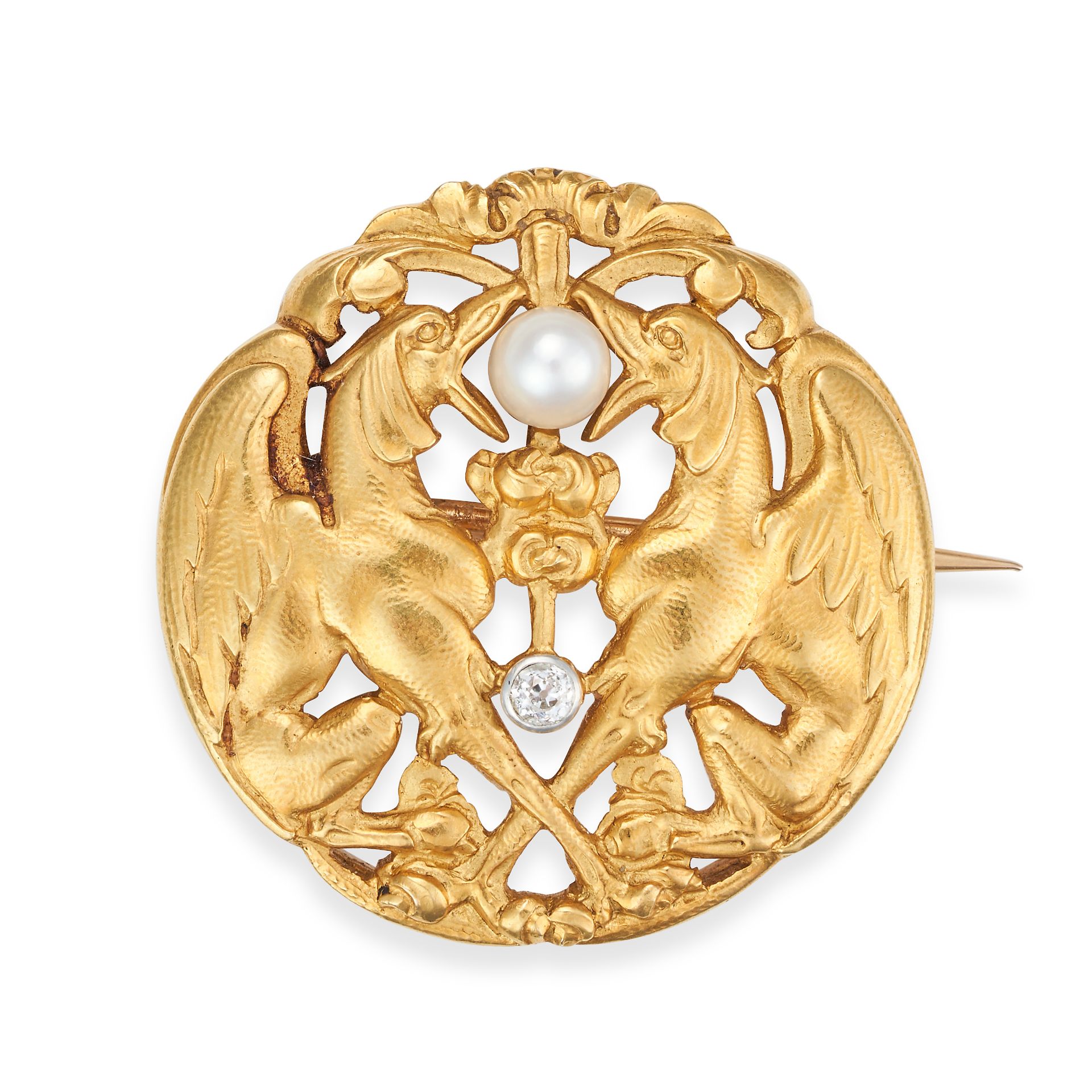A FRENCH ART NOUVEAU DIAMOND AND PEARL GRIFFIN BROOCH in 18ct yellow gold, the circular openwork ...