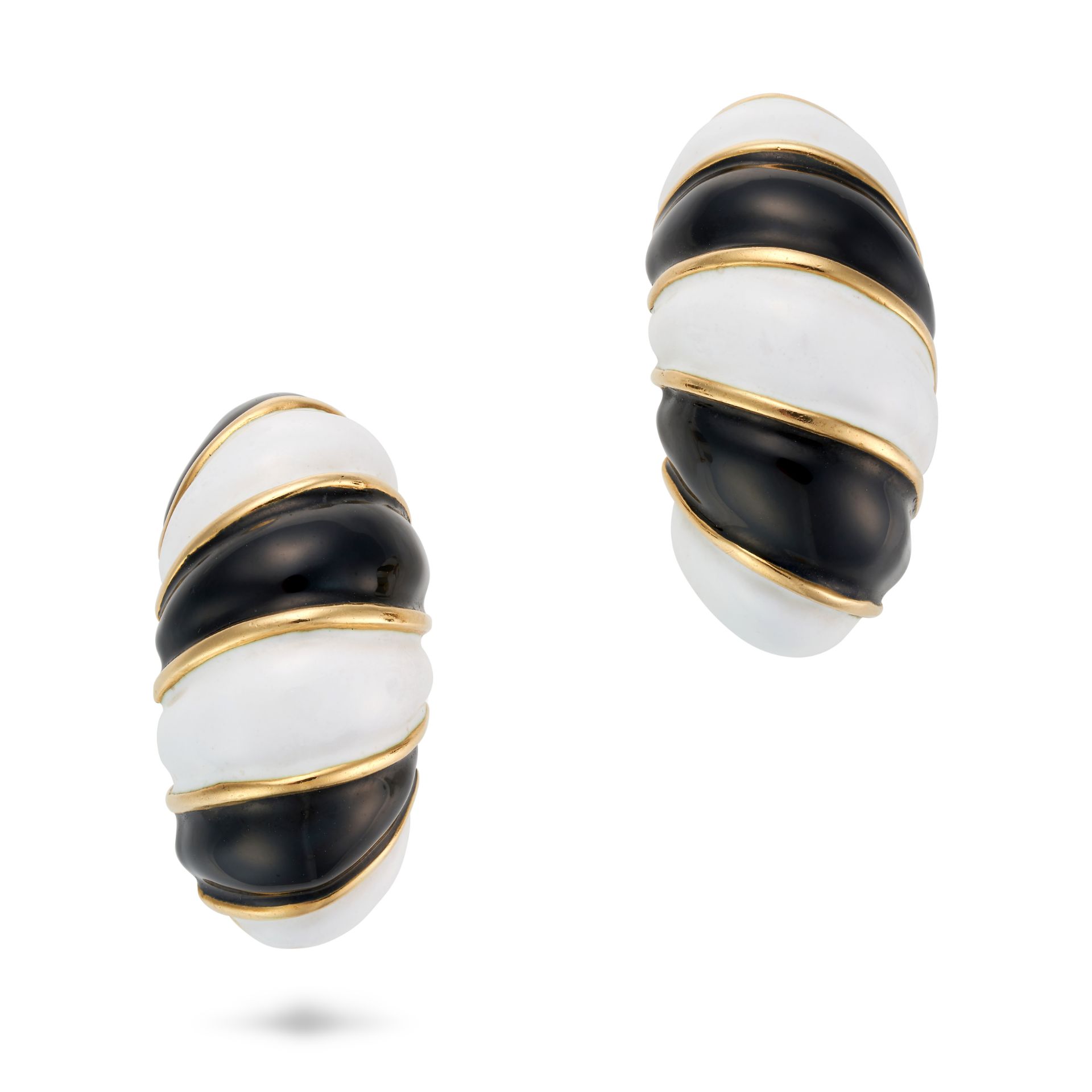 A PAIR OF VINTAGE ENAMEL AND ONYX DROP EARRINGS each earring comprising a clip relieved in black ... - Image 2 of 2