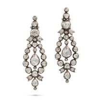 A PAIR OF ANTIQUE DIAMOND DROP EARRINGS in yellow gold and silver, set throughout with rose cut d...