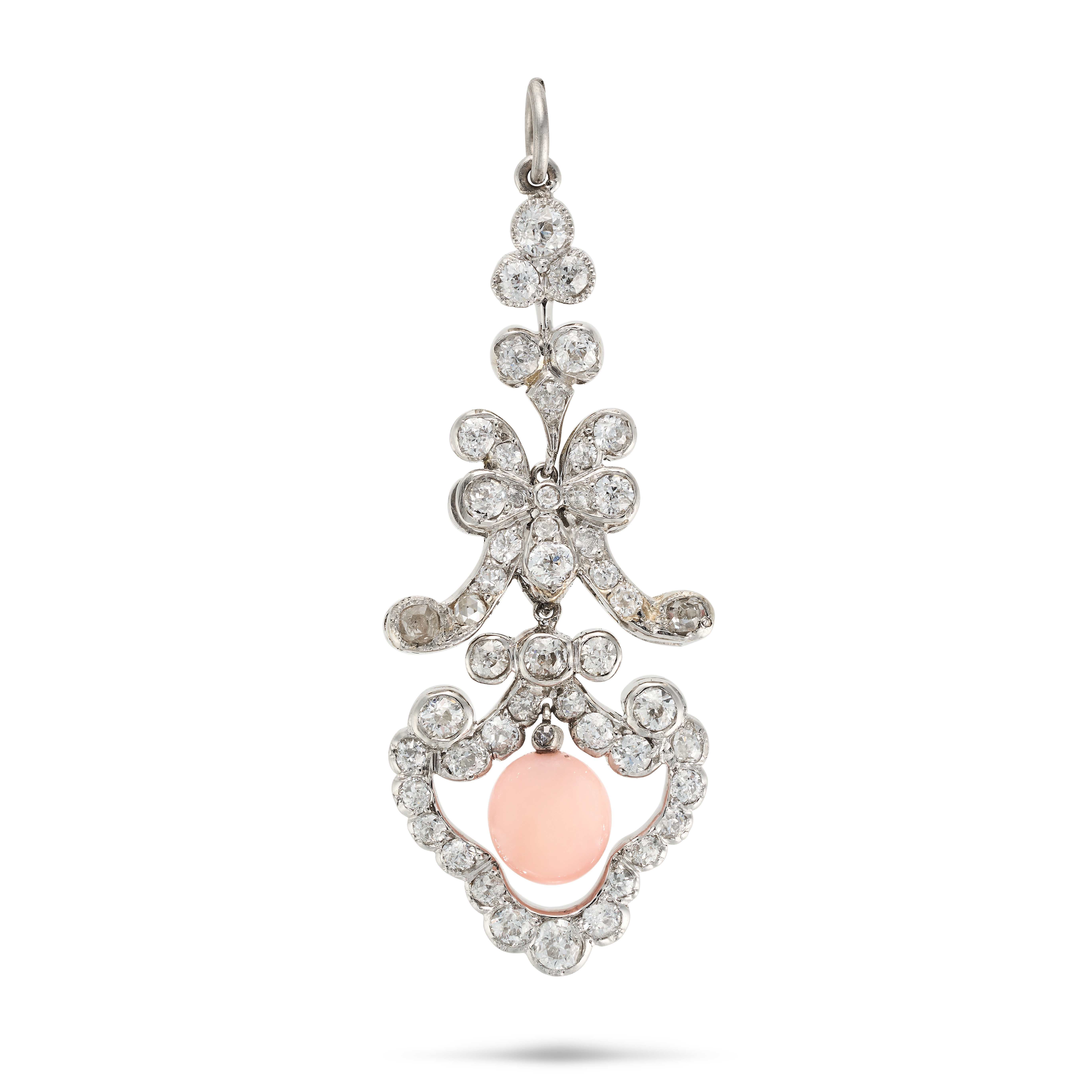 A CONCH PEARL AND DIAMOND PENDANT the articulated pendant set throughout on both sides with old c...