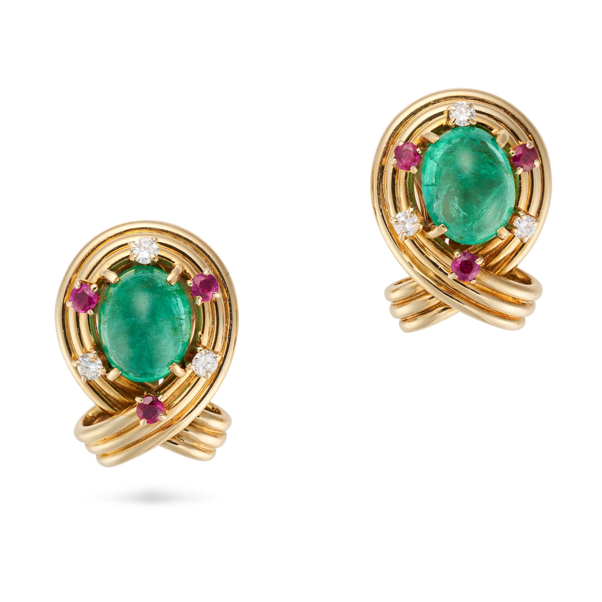 VAN CLEEF & ARPELS, A PAIR OF EMERALD, RUBY AND DIAMOND CLIP EARRINGS in 18ct yellow gold, each s...