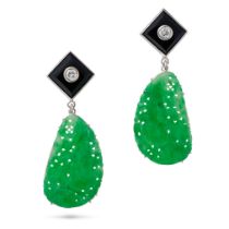 A PAIR OF JADEITE JADE, ONYX AND DIAMOND CLIP EARRINGS each comprising a square shaped onyx set w...