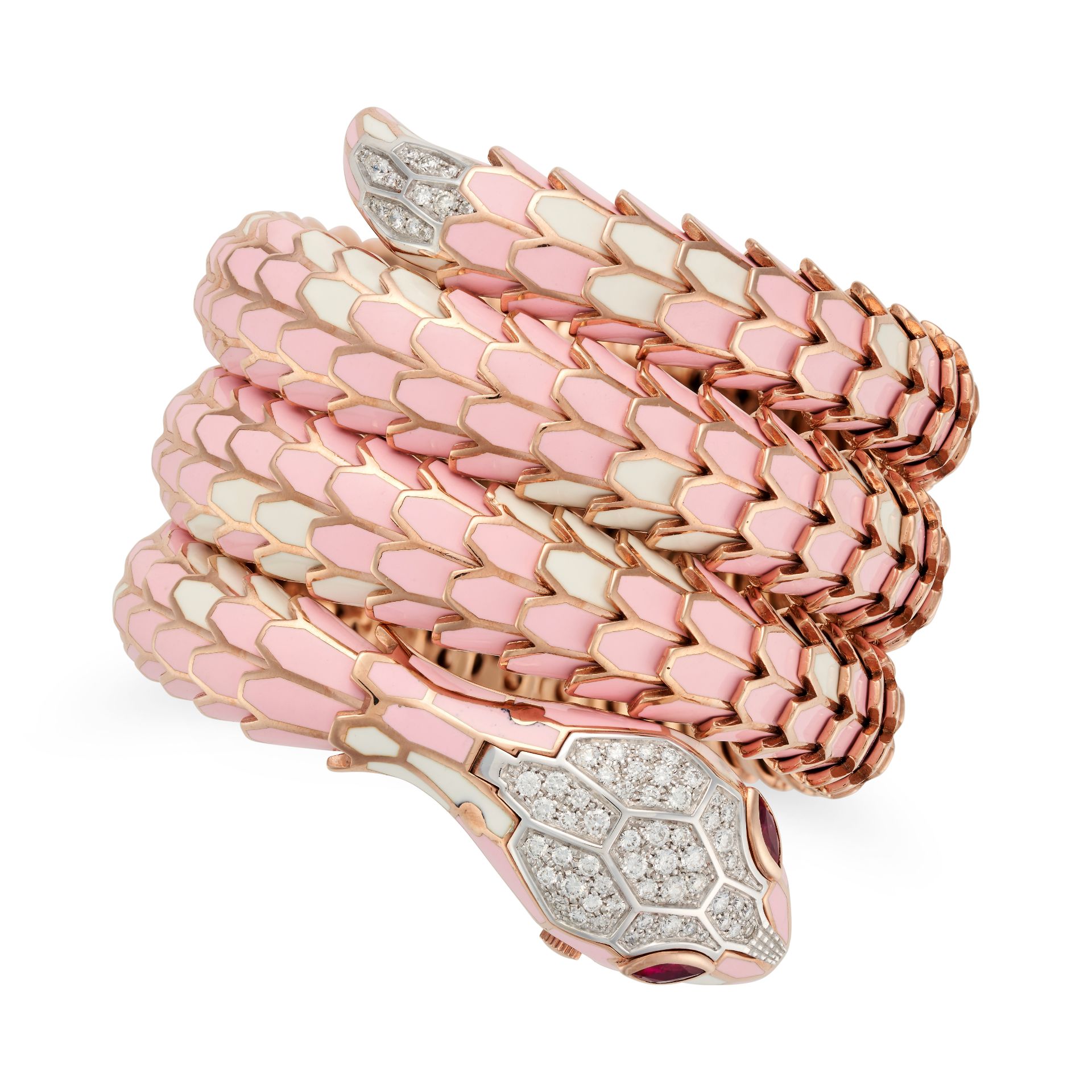 ALEXIS NY, A DIAMOND, RUBY AND ENAMEL SNAKE BRACELET the snake comprising a row of articulated li... - Image 4 of 4
