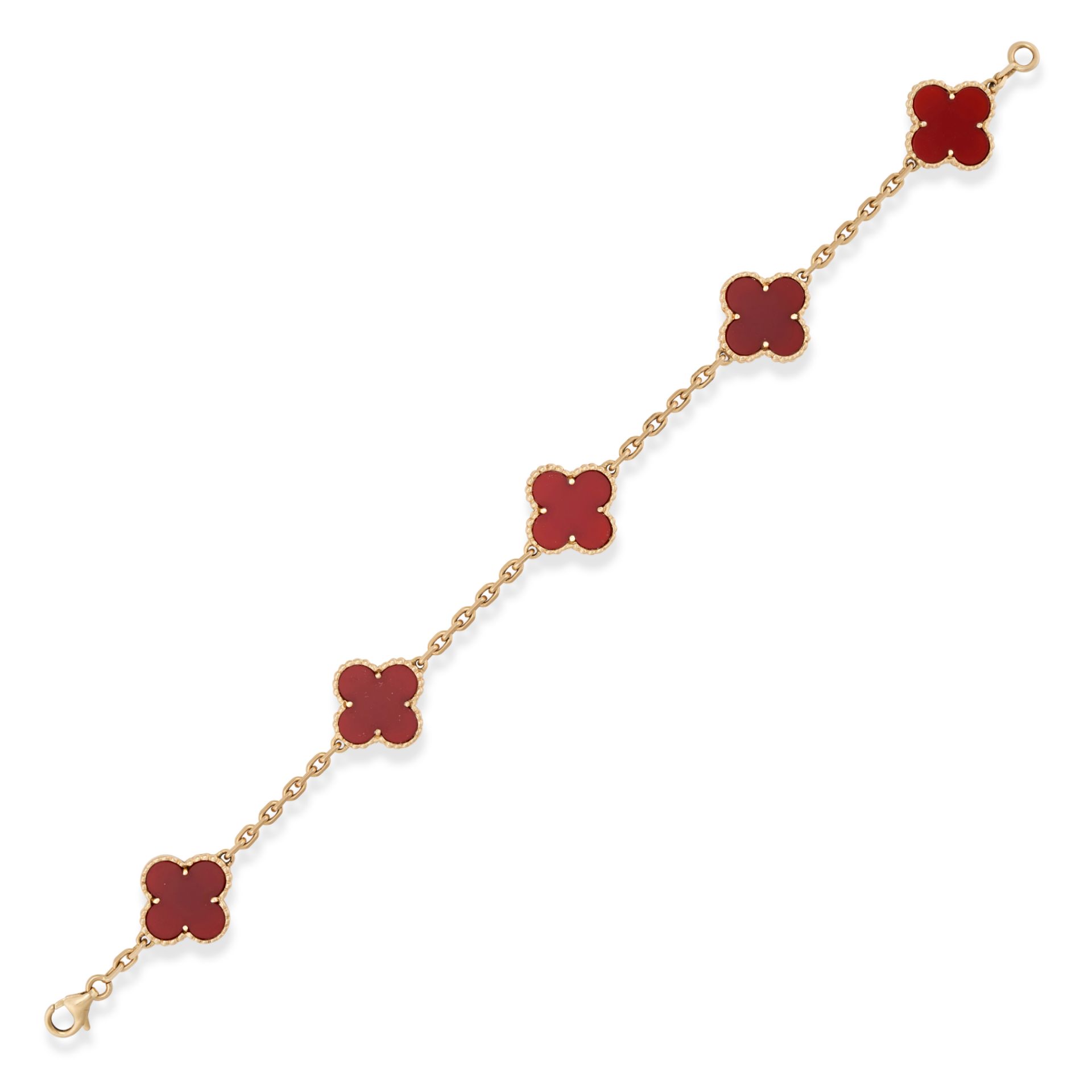 VAN CLEEF & ARPELS, A CARNELAIN ALHAMBRA BRACELET in 18ct yellow gold, comprising five quatrefoil...