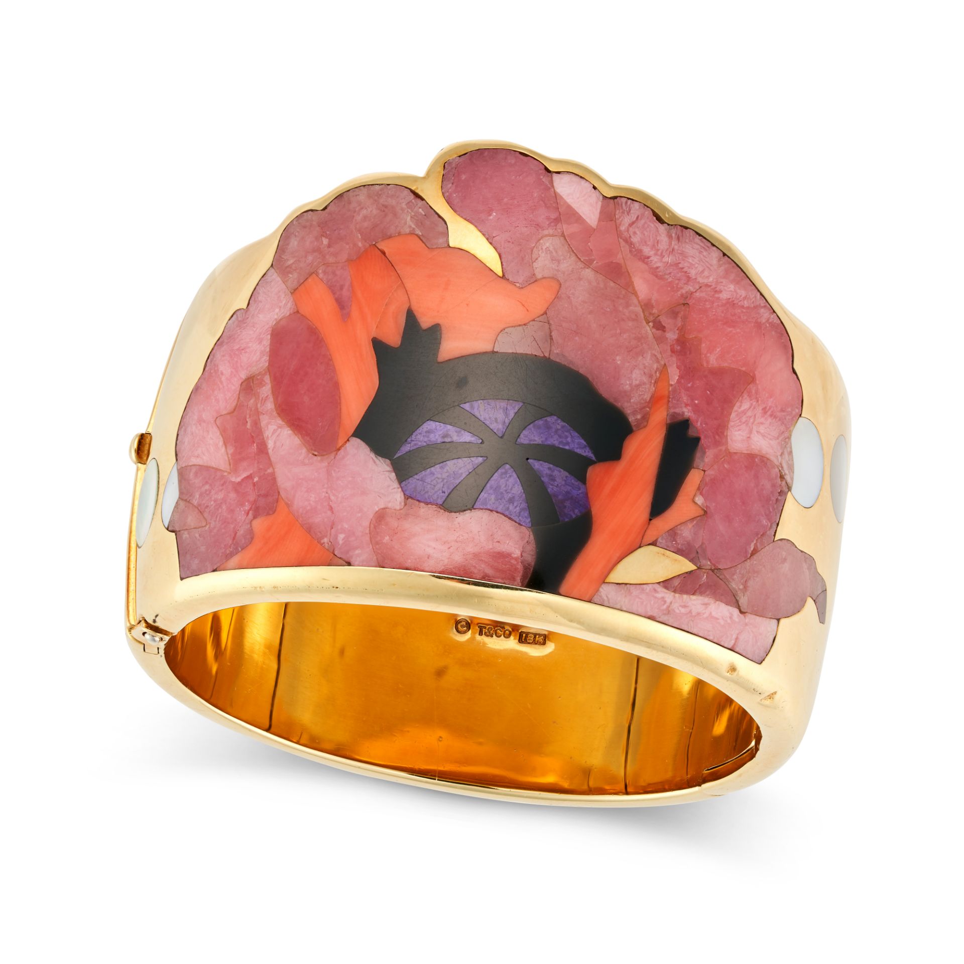 ANGELA CUMMINGS FOR TIFFANY & CO., A RHODOCHROSITE, CORAL, MOTHER OF PEARL AND JADE POPPY BANGLE ... - Image 2 of 3