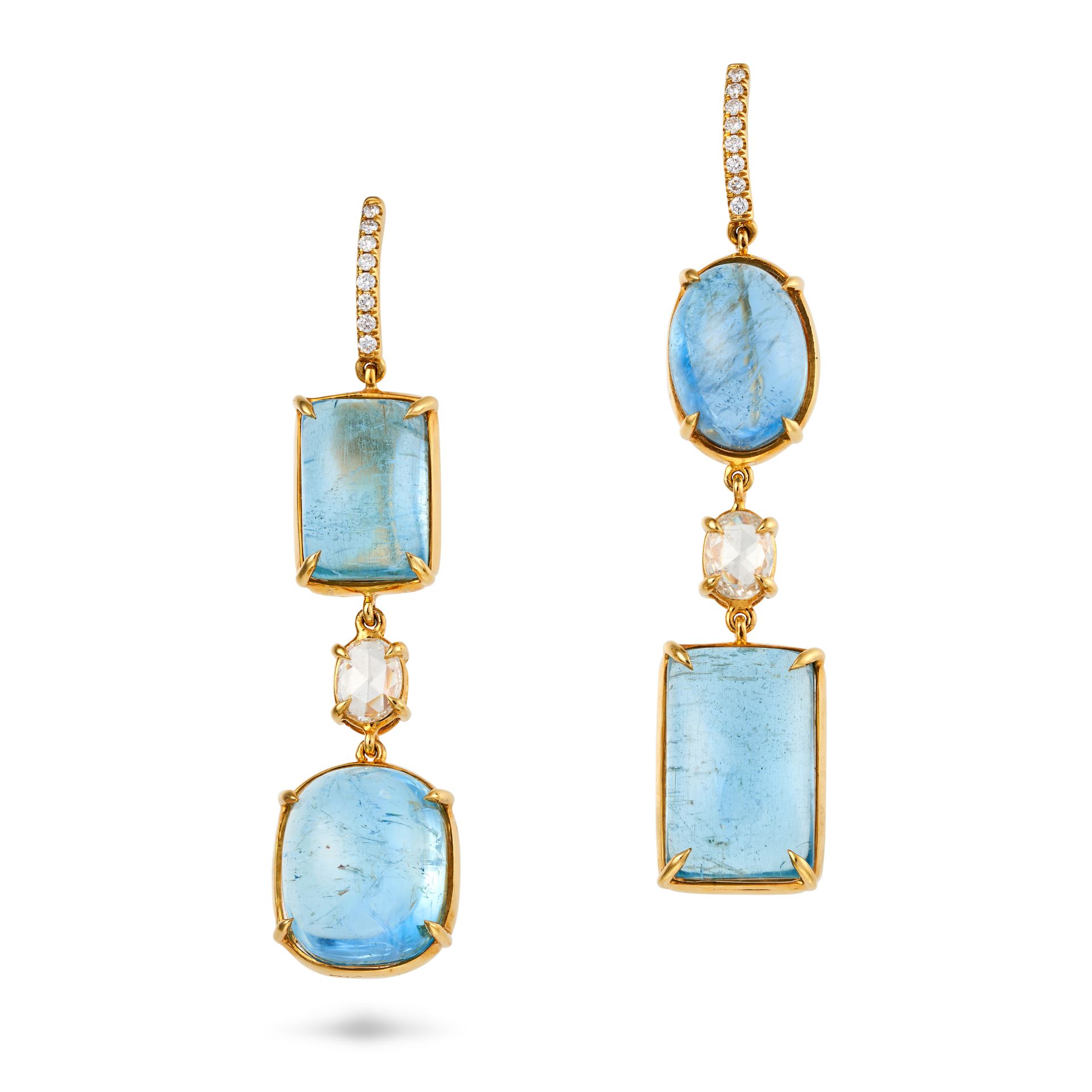 A PAIR OF AQUAMARINE AND DIAMOND DROP EARRINGS each comprising a hook fitting set with a row of r...