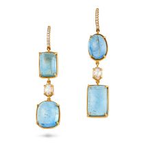 A PAIR OF AQUAMARINE AND DIAMOND DROP EARRINGS each comprising a hook fitting set with a row of r...