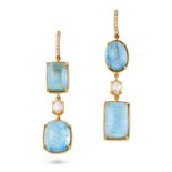 A PAIR OF AQUAMARINE AND DIAMOND DROP EARRINGS each comprising a hook fitting set with a row of r...