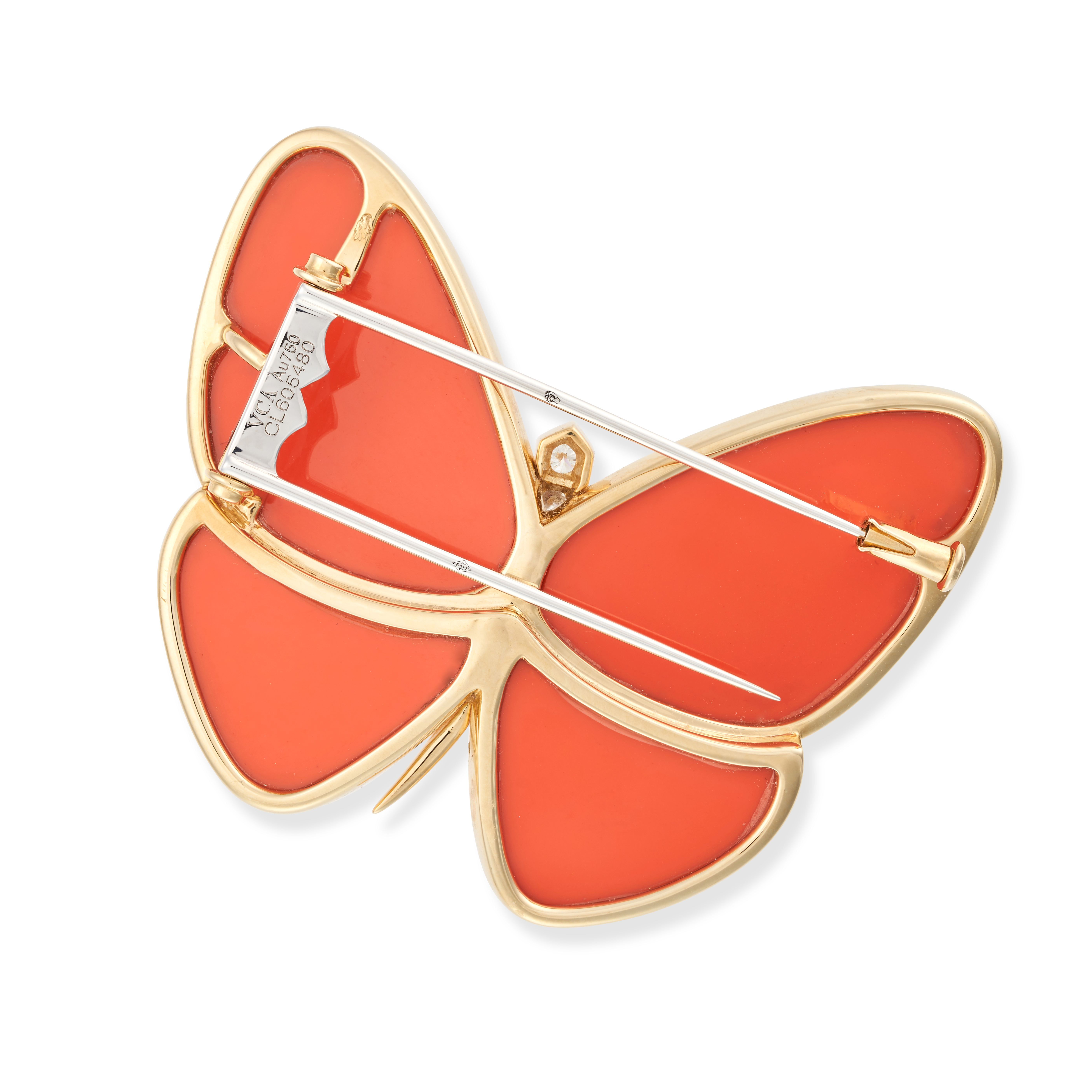 VAN CLEEF & ARPELS, A CORAL AND DIAMOND BUTTERFLY BROOCH designed as a butterfly set with a row o... - Image 3 of 3