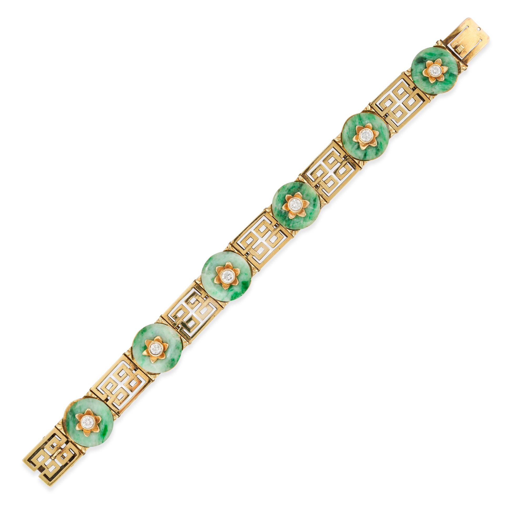 TIFFANY & CO., A JADEITE JADE AND DIAMOND BRACELET comprising a row of polished jadeite jade disc...