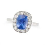 A CEYLON NO HEAT SAPPHIRE AND DIAMOND RING set with a cushion cut sapphire of approximately 3.00 ...