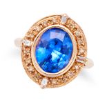 A SAPPHIRE AND DIAMOND RING set with an oval cut sapphire of approximately 3.40 carats in a borde...