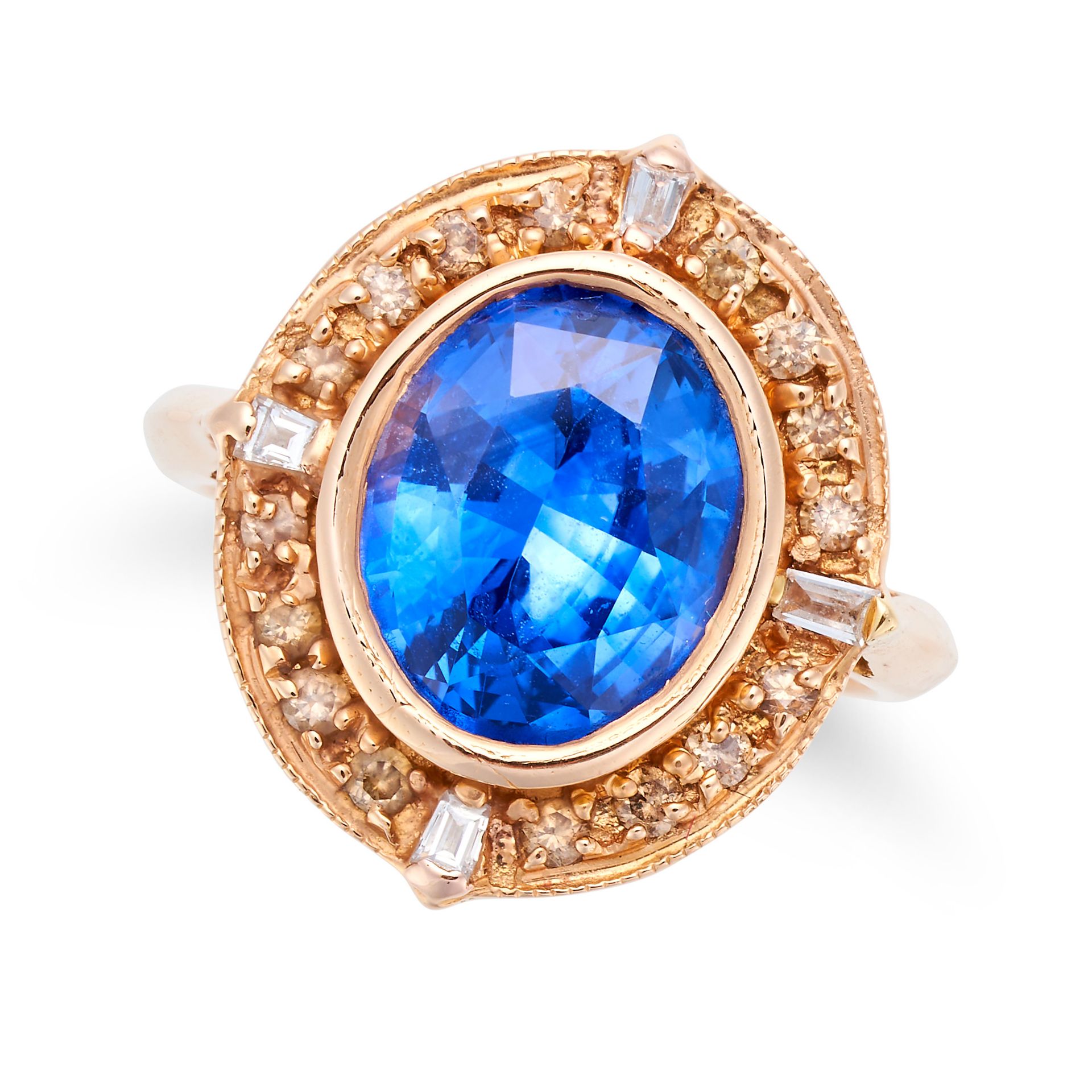 A SAPPHIRE AND DIAMOND RING set with an oval cut sapphire of approximately 3.40 carats in a borde...