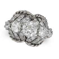 A RETRO FRENCH DIAMOND DRESS RING in 18ct white gold, set with a row of five graduating old Europ...