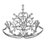 AN ANTIQUE DIAMOND TIARA in yellow gold and silver, the openwork foliate style tiara set througho...