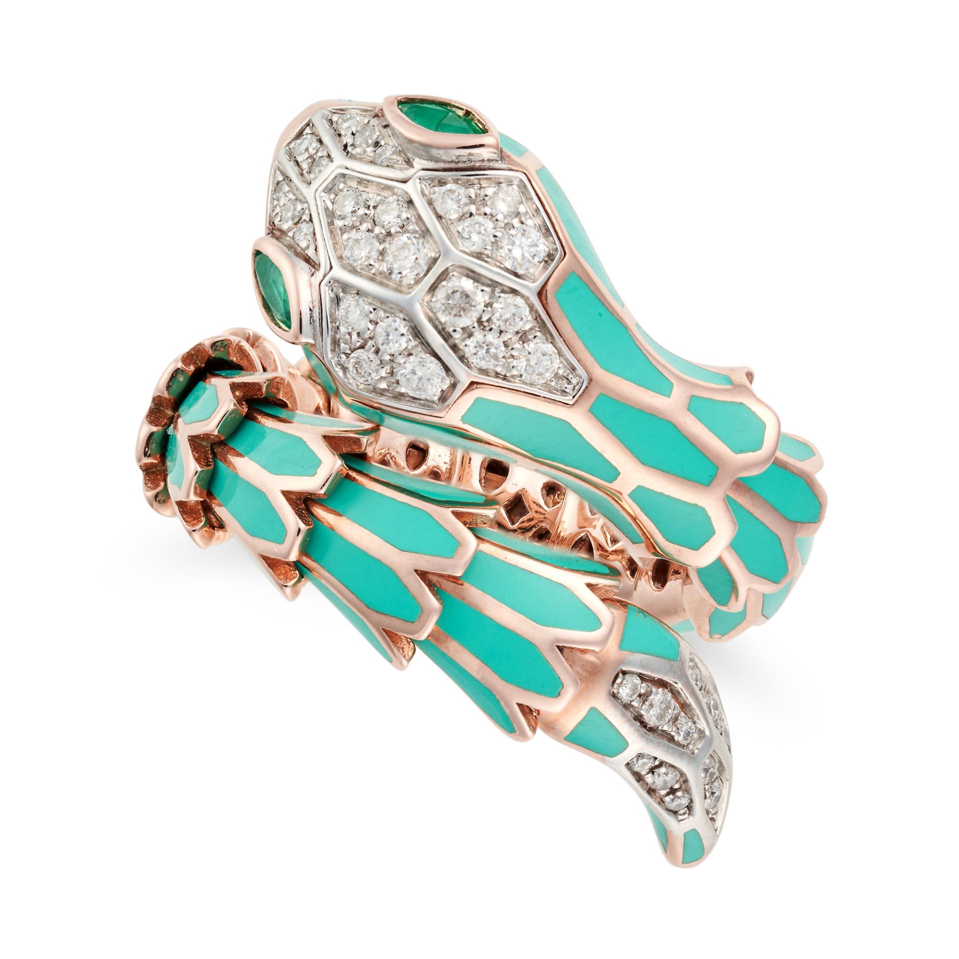 ALEXIS NY, A DIAMOND, EMERALD AND ENAMEL SNAKE RING comprising a row of articulated links decorat... - Image 2 of 2