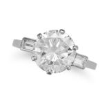 A SOLITAIRE DIAMOND RING set with a round brilliant cut diamond of approximately 3.35 carats acce...