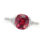 A SPINEL AND DIAMOND RING set with a cushion cut spinel of approximately 2.88 carats, accented on...