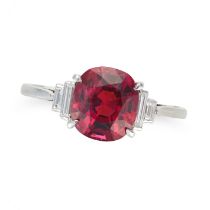 A SPINEL AND DIAMOND RING set with a cushion cut spinel of approximately 2.88 carats, accented on...