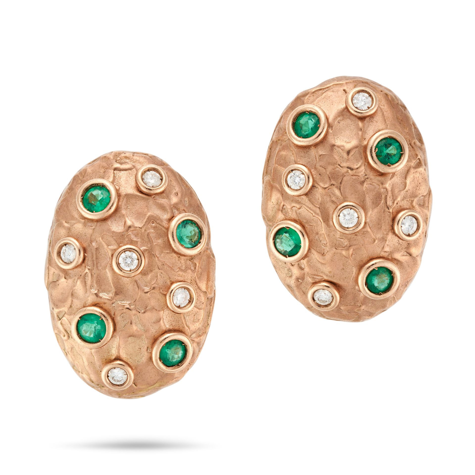 MANGIAROTTI, A PAIR OF EMERALD AND DIAMOND EARRINGS in yellow gold, each set with round brilliant...