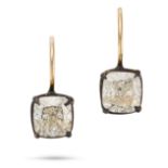 A PAIR OF DIAMOND EARRINGS each set with a cushion cut diamond, the diamonds both totalling 1.6-1...