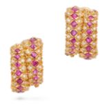 LALAOUNIS, A PAIR OF RUBY AND DIAMOND CLIP EARRINGS each designed as a double half hoop set with ...