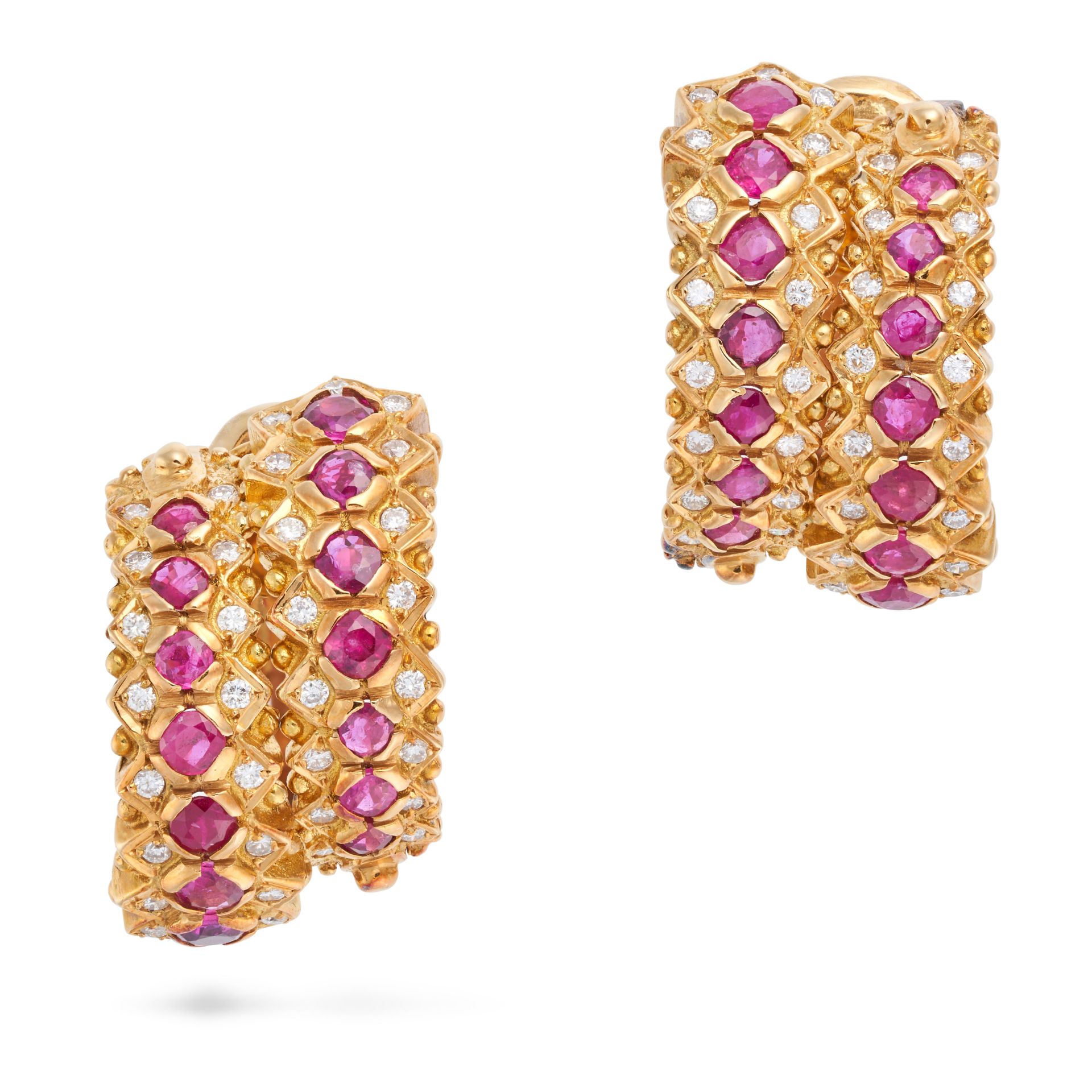 LALAOUNIS, A PAIR OF RUBY AND DIAMOND CLIP EARRINGS each designed as a double half hoop set with ...