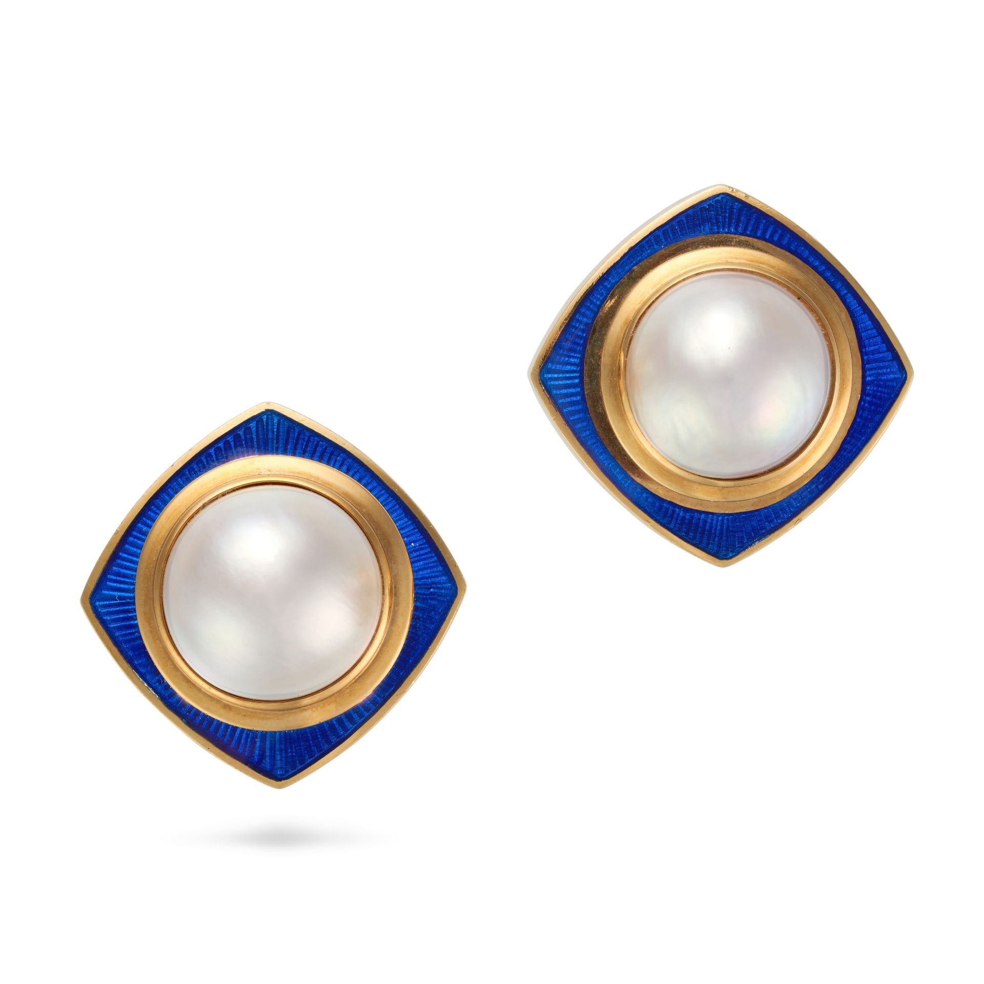 TIFFANY & CO., A PAIR OF VINTAGE MABE PEARL AND ENAMEL CLIP EARRINGS in 18ct yellow gold, each se... - Image 2 of 3