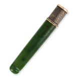 FABERGE, AN ANTIQUE NEPHRITE JADE AND DIAMOND CIGARETTE HOLDER in 56 zolotnik gold, formed of pol...