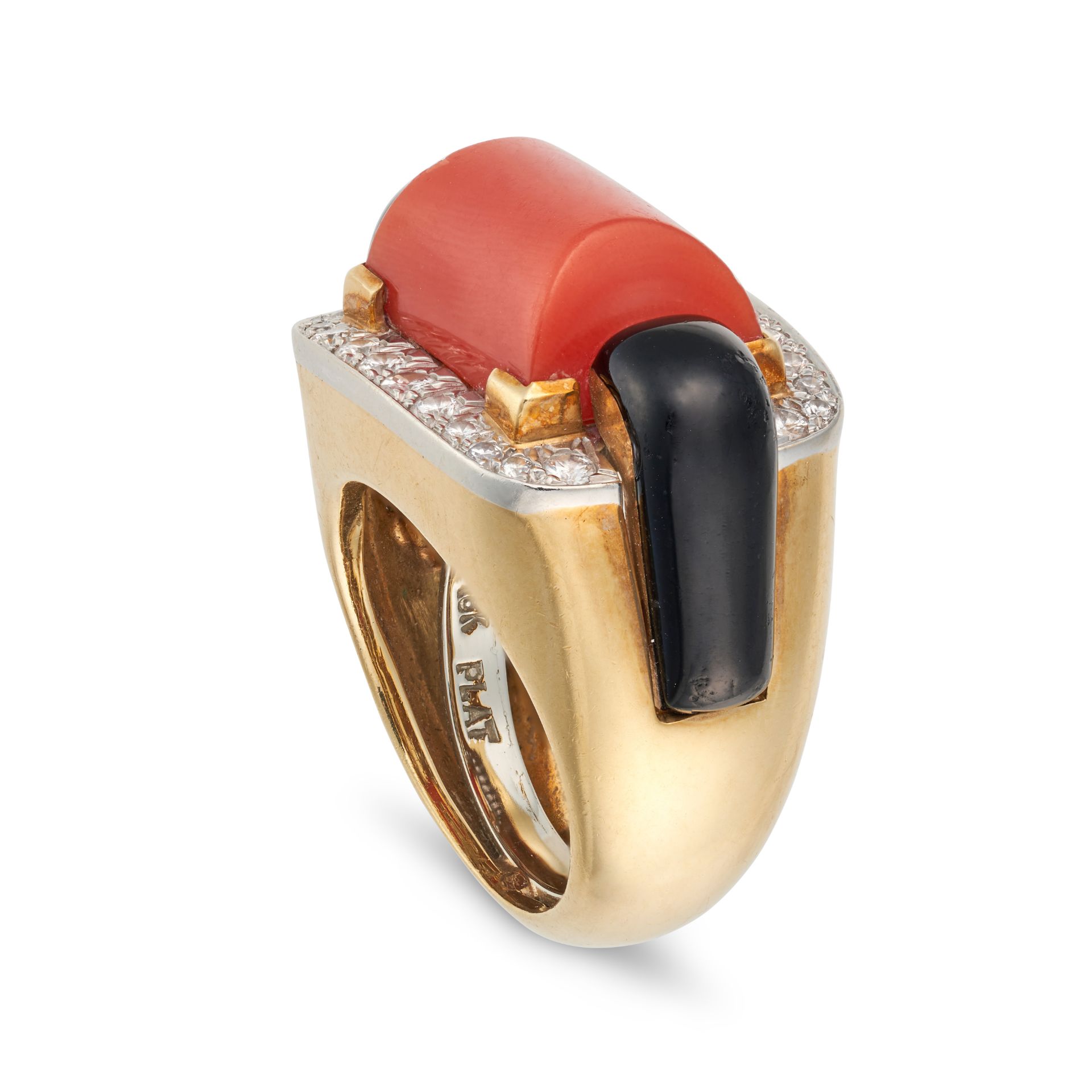 DAVID WEBB, A CORAL, DIAMOND AND ONYX RING set with a polished coral accented by polished onyx an... - Image 3 of 3