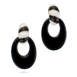 A PAIR OF VINTAGE ENAMEL AND ONYX DROP EARRINGS each earring comprising a clip relieved in black ...
