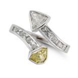 A FANCY INTENSE GREENISH YELLOW DIAMOND CROSSOVER RING set with a modified shield mixed cut fancy...