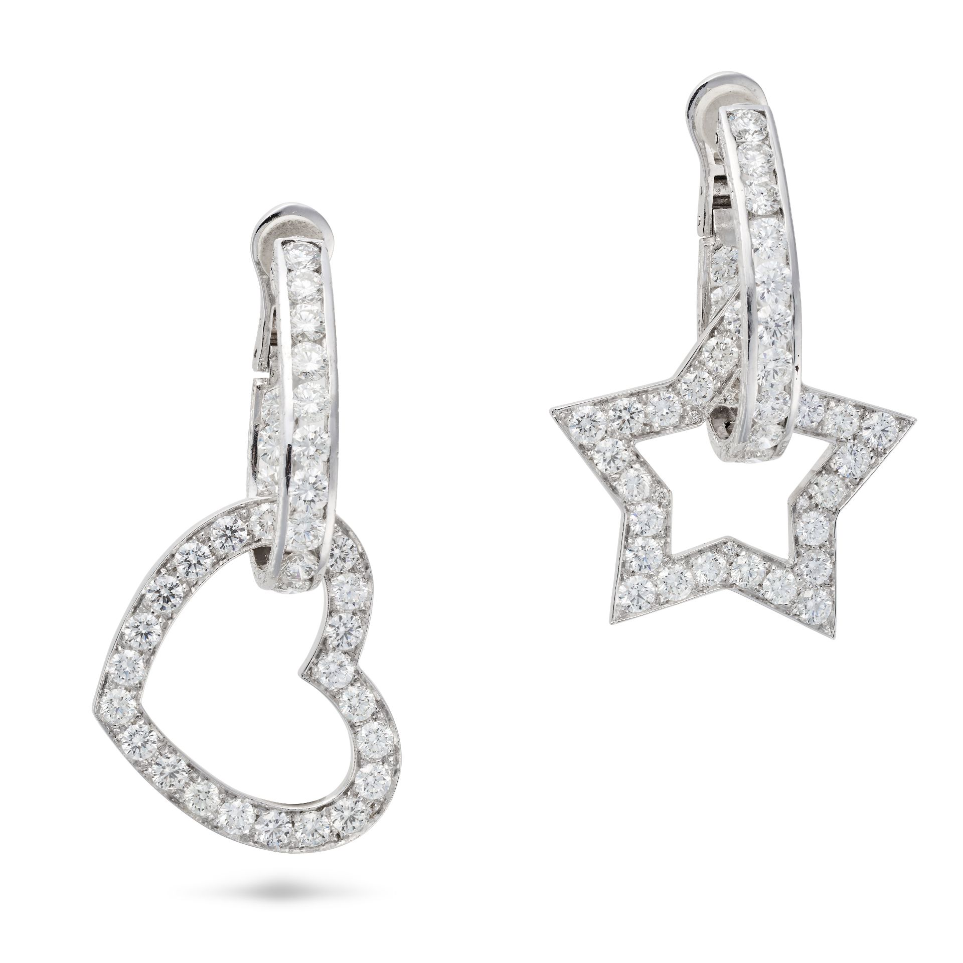A PAIR OF DIAMOND DROP EARRINGS each comprising a hoop set inside and out with round brilliant cu...