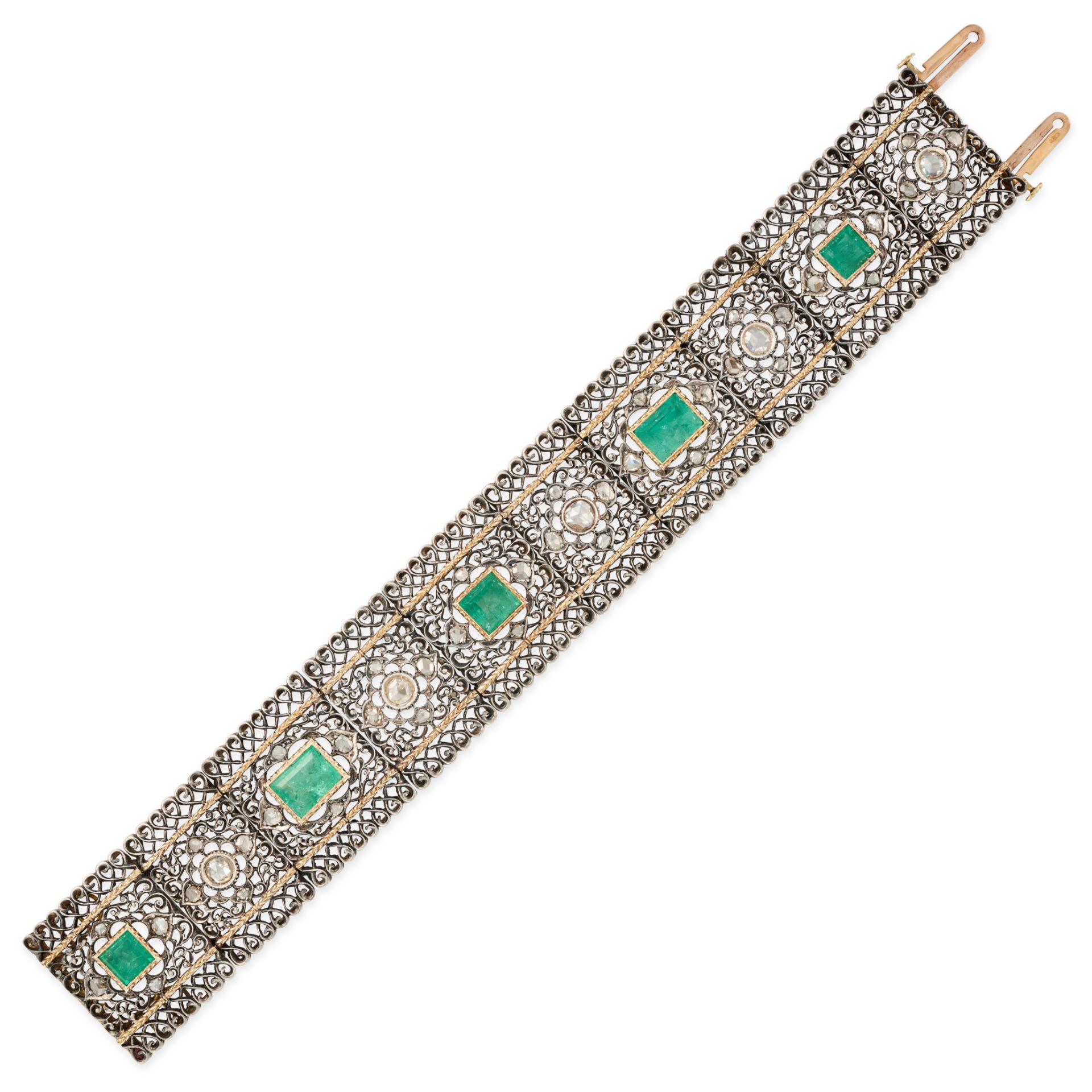 BUCCELLATI, AN EMERALD AND DIAMOND BRACELET the bracelet comprising ten openwork plaques set with...