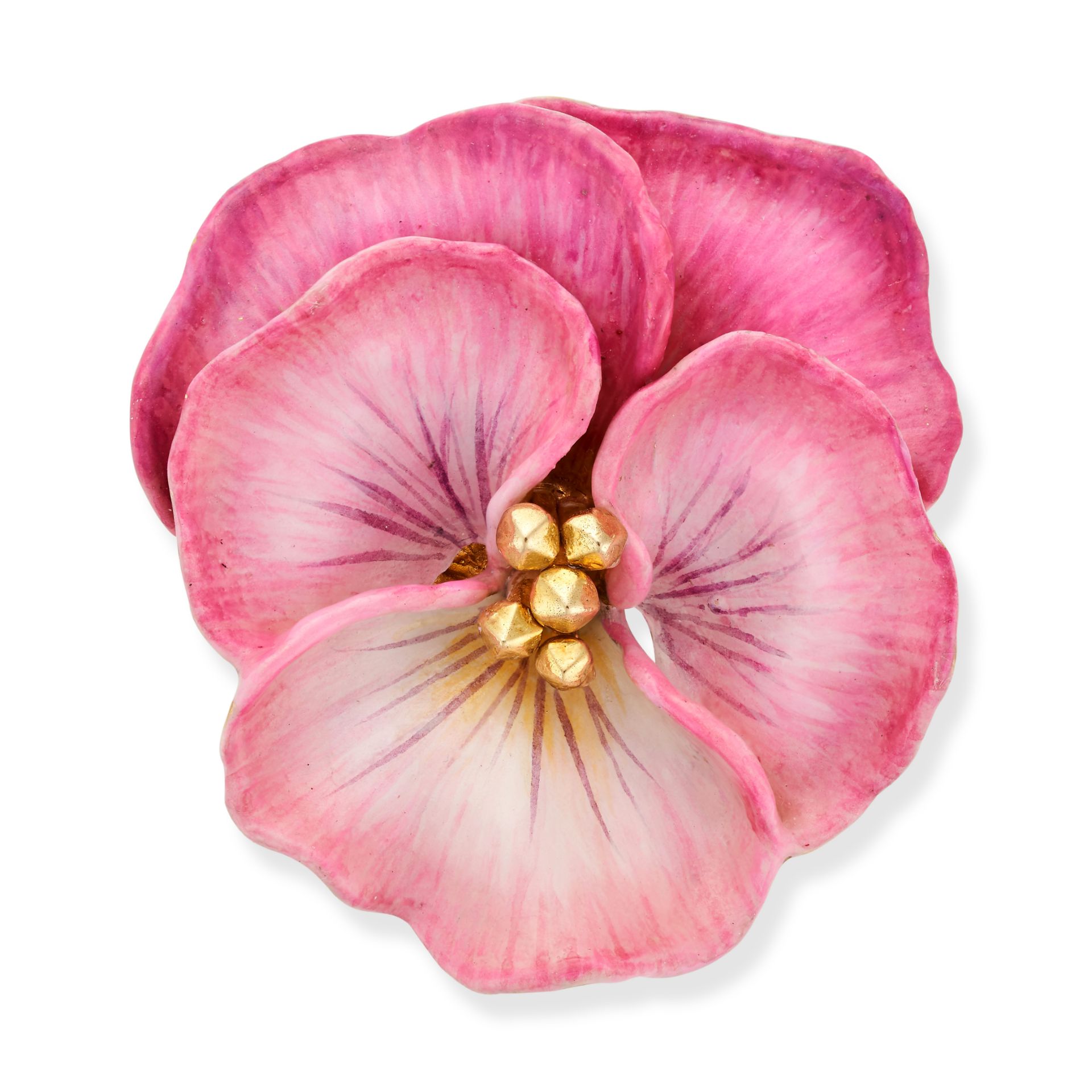 AN ENAMEL PANSY BROOCH in 18ct yellow gold, designed as a pansy relieved in various shades of pin...