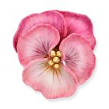 AN ENAMEL PANSY BROOCH in 18ct yellow gold, designed as a pansy relieved in various shades of pin...