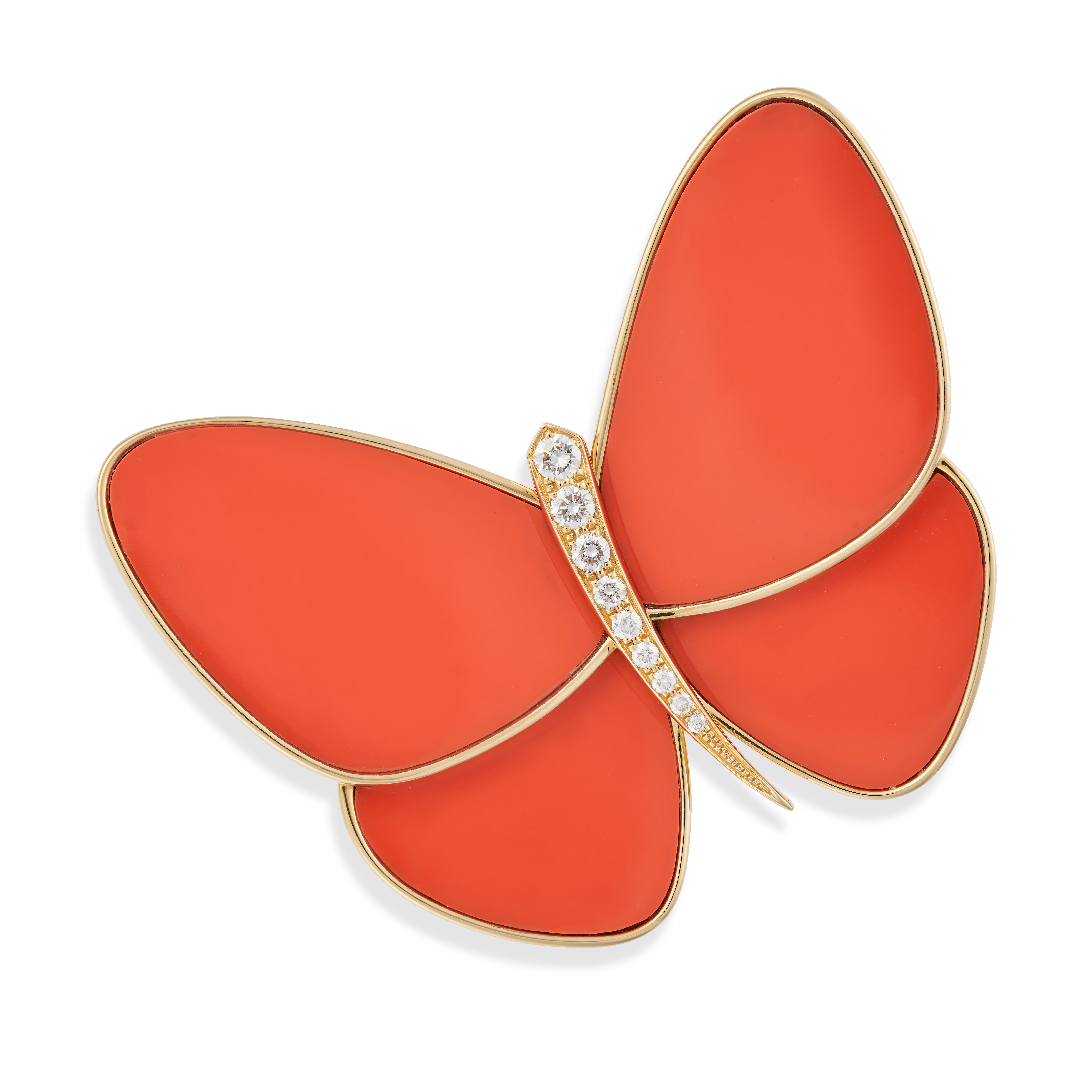 VAN CLEEF & ARPELS, A CORAL AND DIAMOND BUTTERFLY BROOCH designed as a butterfly set with a row o...