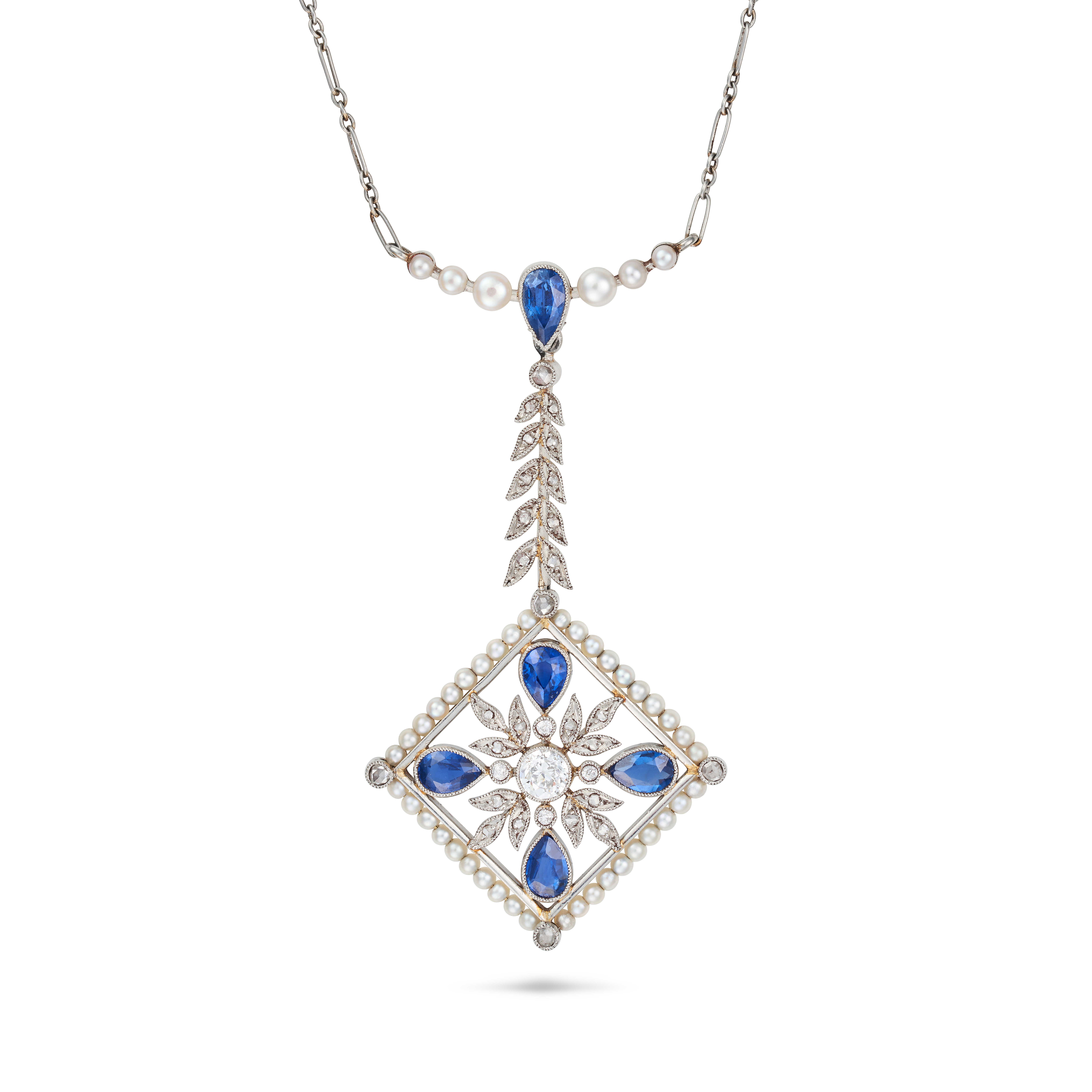 A FRENCH SAPPHIRE, DIAMOND AND PEARL PENDANT NECKLACE in white gold, comprising a fancy link chai...
